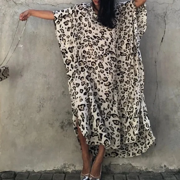 New Leopard Animal Print Bohemian Kaftan Kimono Dress Coverup - Picture 7 of 8
